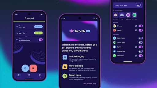 Three smartphones over a blue and purple background, each running the Tor VPN app.