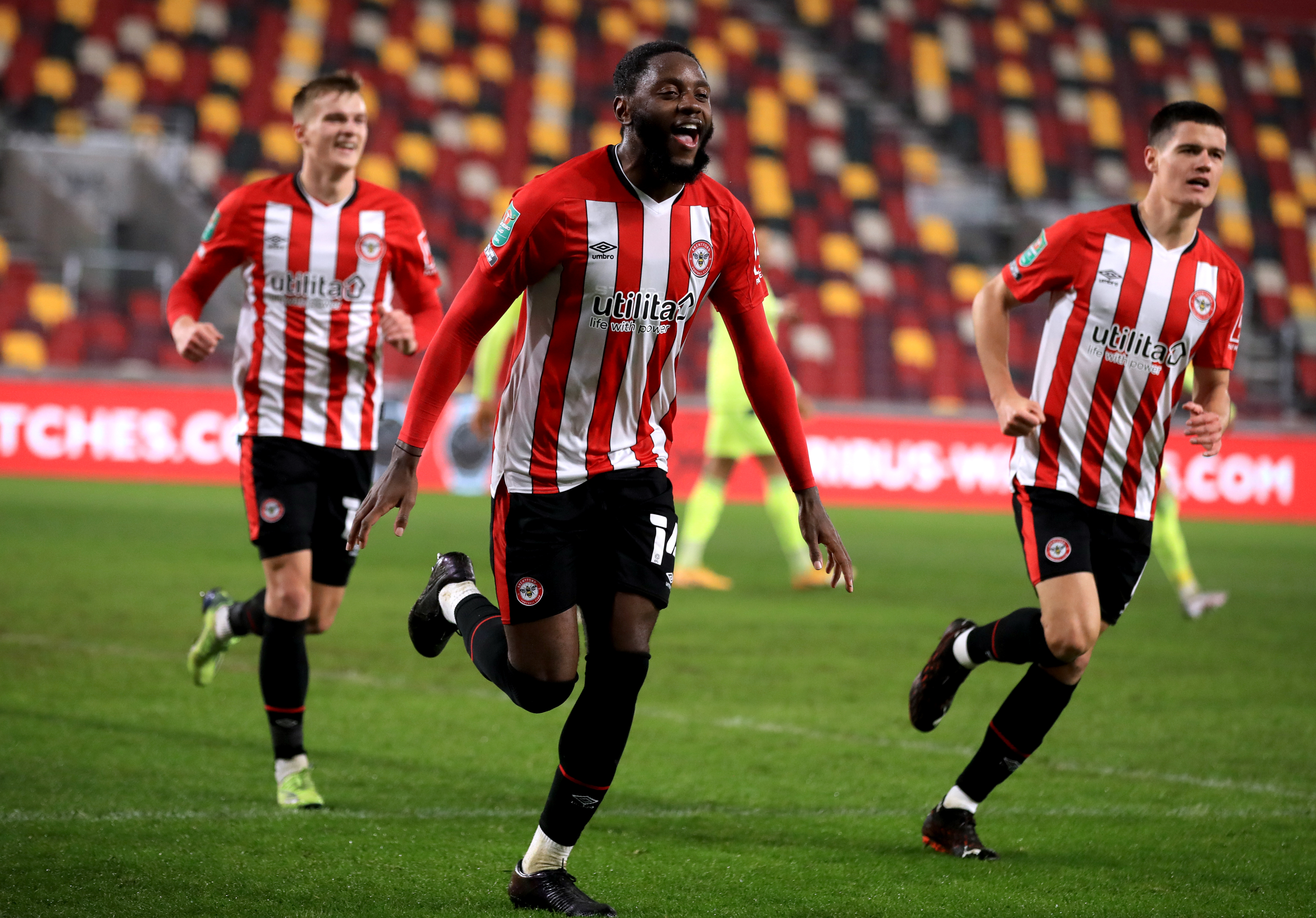 Josh Dasilva (centre) scored Brentford's winner