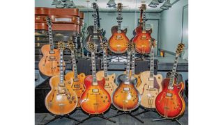 Byrds-eye view: a sampling of Nugent’s impressive collection of Gibson Byrdland guitars, plus a custom 12-string Gibson Super 400 [front row, second from right]
