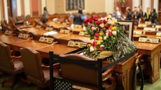 Dozens of roses remain on the desk of the late Rep. Melissa Hortman after the opening day of the 2026 Minnesota Legislature at the State Capitol in St. Paul on Tuesday, February 17, 2026.