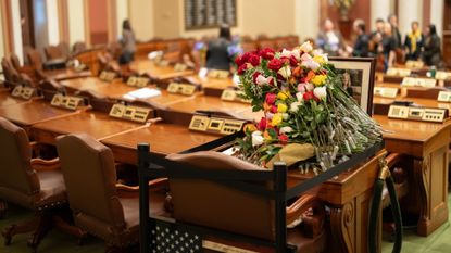 Dozens of roses remain on the desk of the late Rep. Melissa Hortman after the opening day of the 2026 Minnesota Legislature at the State Capitol in St. Paul on Tuesday, February 17, 2026.
