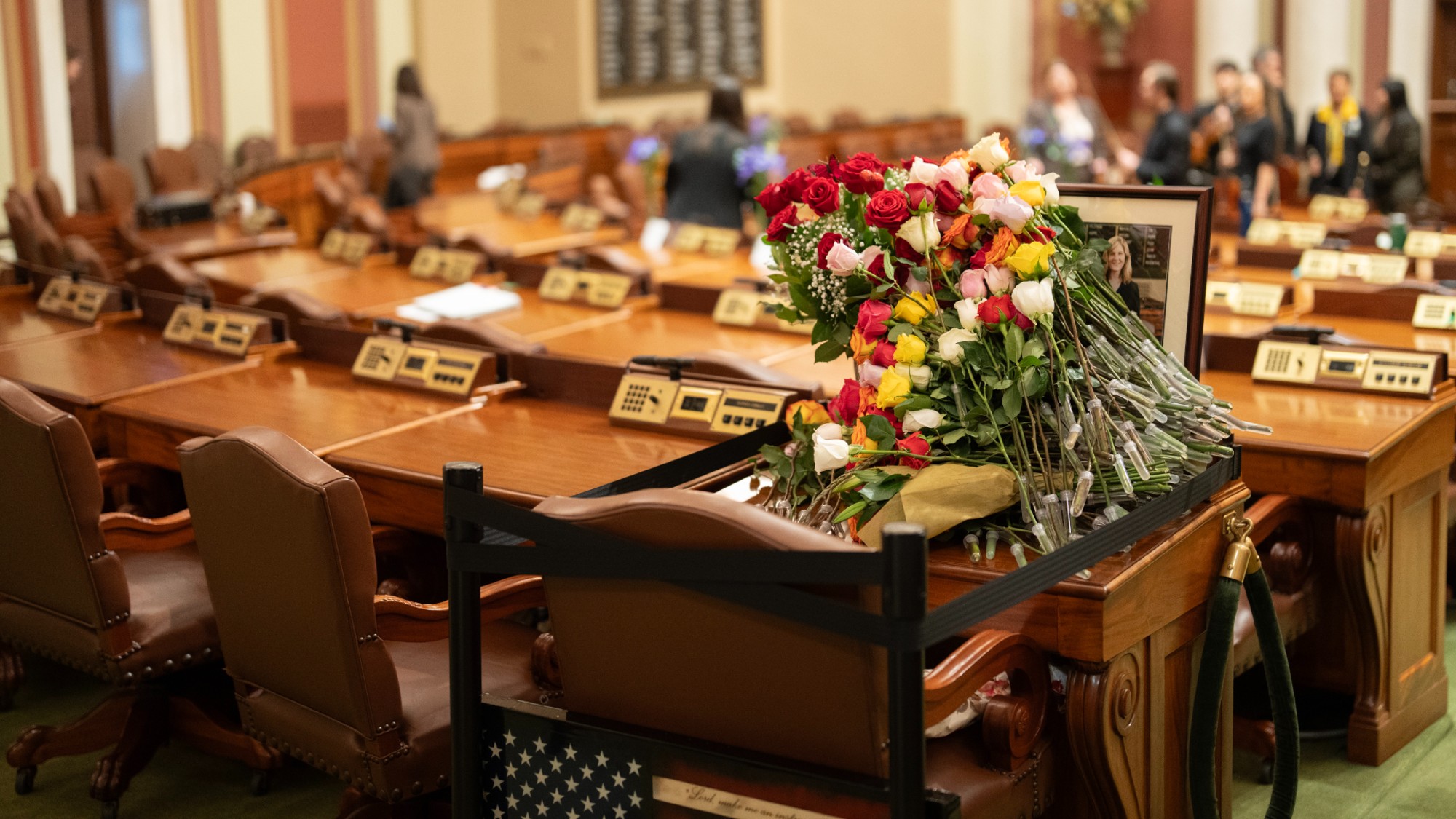 Dozens of roses remain on the desk of the late Rep. Melissa Hortman after the opening day of the 2026 Minnesota Legislature at the State Capitol in St. Paul on Tuesday, February 17, 2026. 