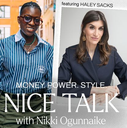A photo of Nikki Ogunnaike with an inset photo of Haley Sacks and text reading Money. Power. Style. Nice Talk with Nikki Ogunnaike