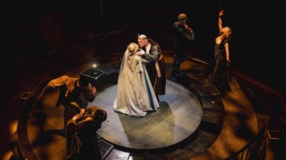 Jennifer Matter and Matt Concannon, surrounded by other cast members in Richard, My Richard at Shakespeare North Playhouse