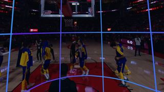 A screenshot of the pregame events of a Warriors-Rockets game in the Xtadium app in VR, with the guardian lines visible