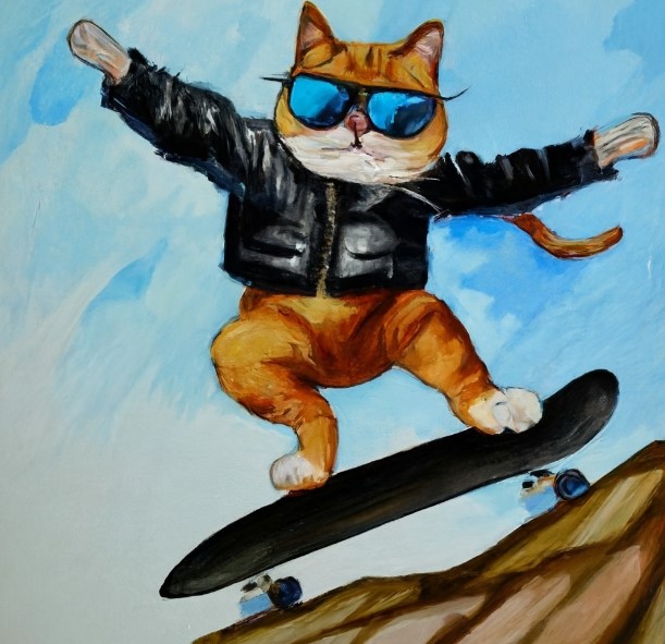 Oil painting of a cat on a skateboard
