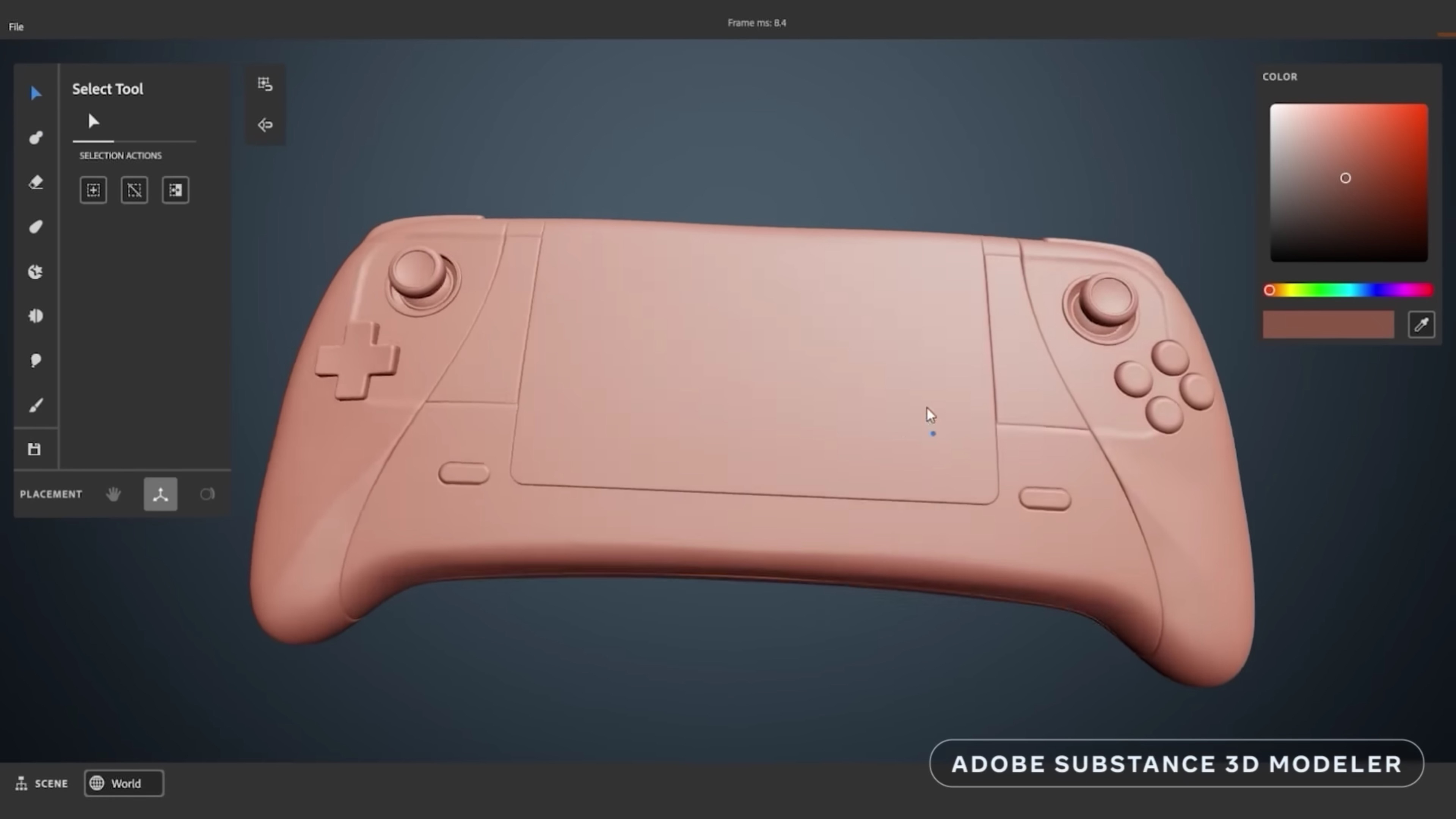 A virtual gamepad in Adobe 3D modeling software