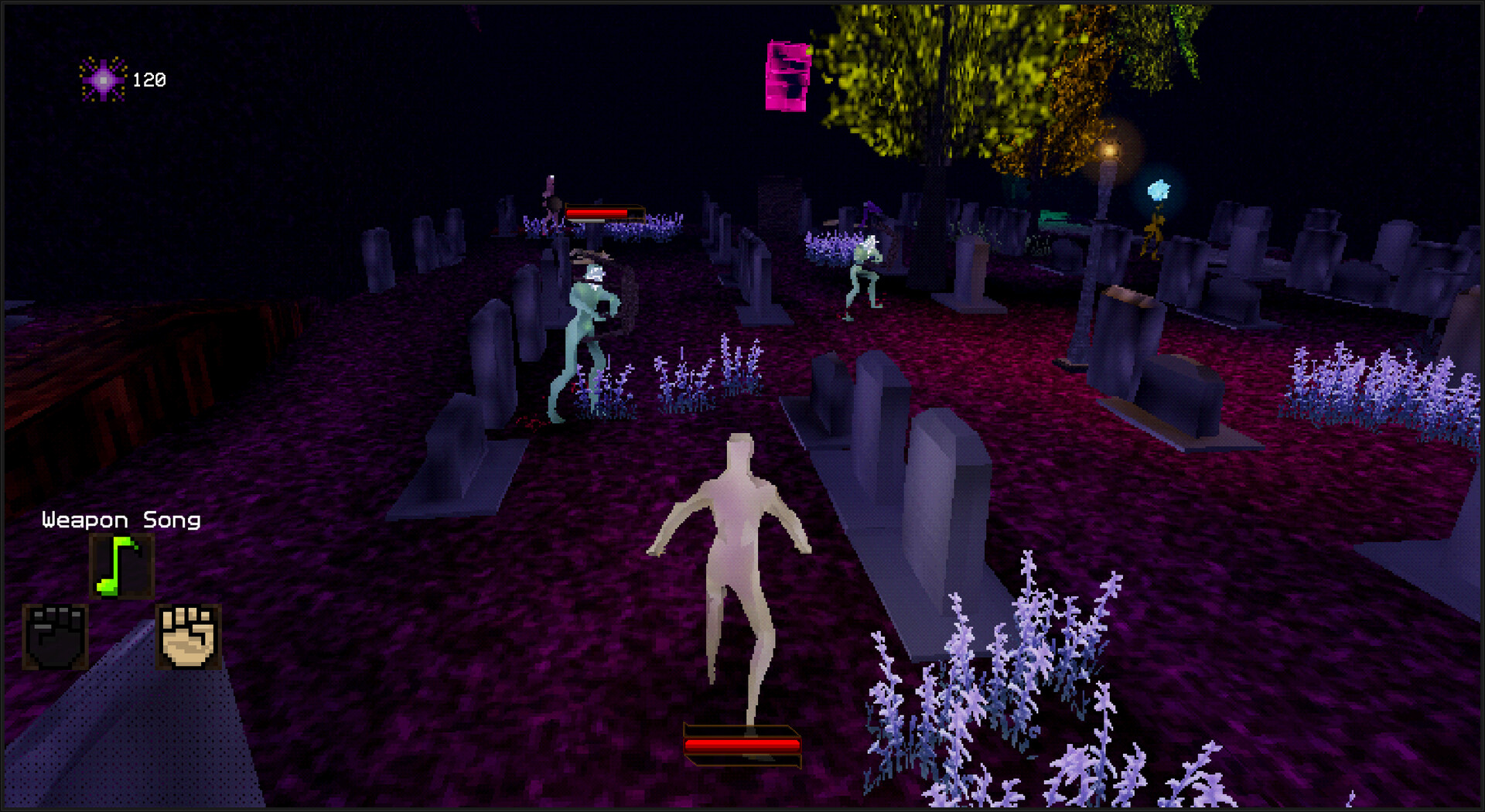 A ghostly figure stands in a graveyard