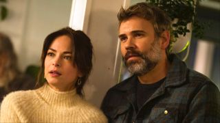 Kristin Kreuk and Rossif Sutherland looking surprised in Murder in a Small Town Season 2x02