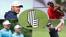 A LIV Golf logo and five golfers