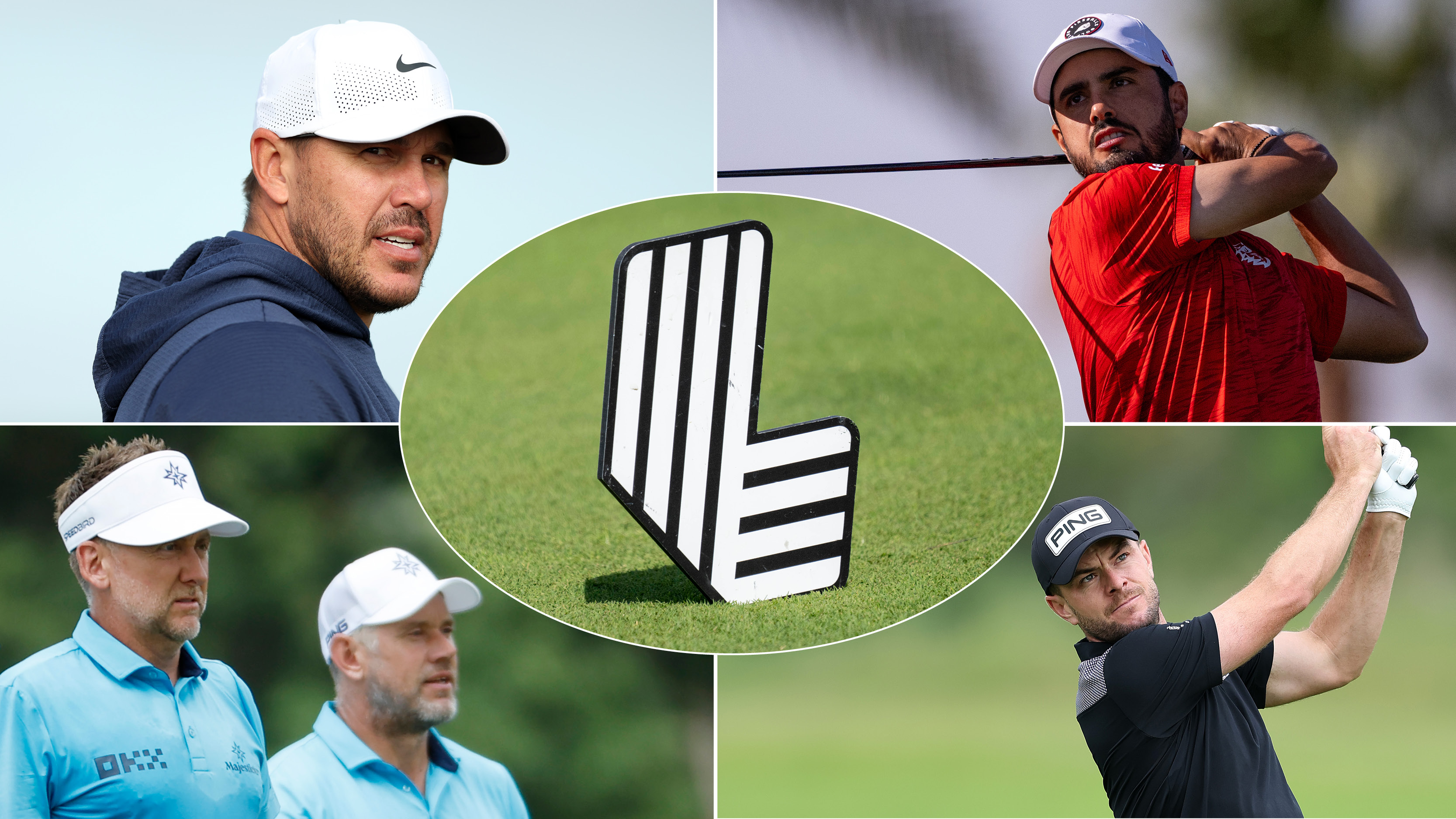A LIV Golf logo and five golfers