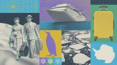 Photo composite illustration of a cruise ship, tourists, suitcase, breaking ice, snow and a penguin