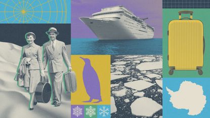 Photo composite illustration of a cruise ship, tourists, suitcase, breaking ice, snow and a penguin