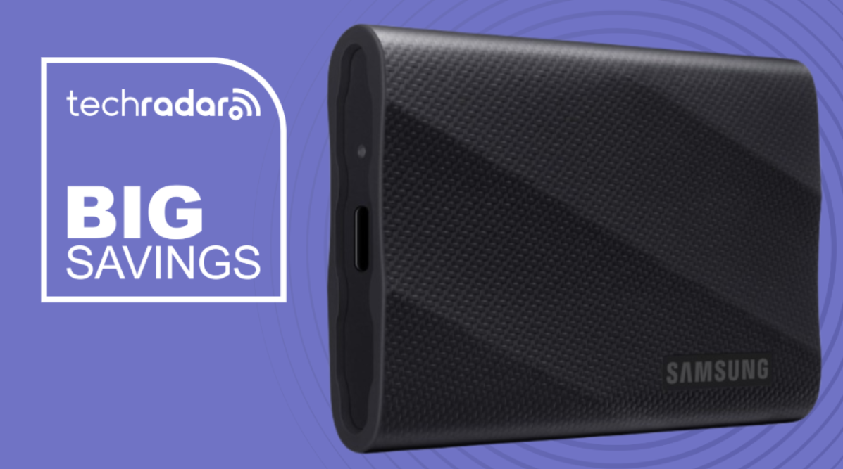Samsung T9 on a purple background next to a TechRadar badge reading &#039;Big Savings&#039;