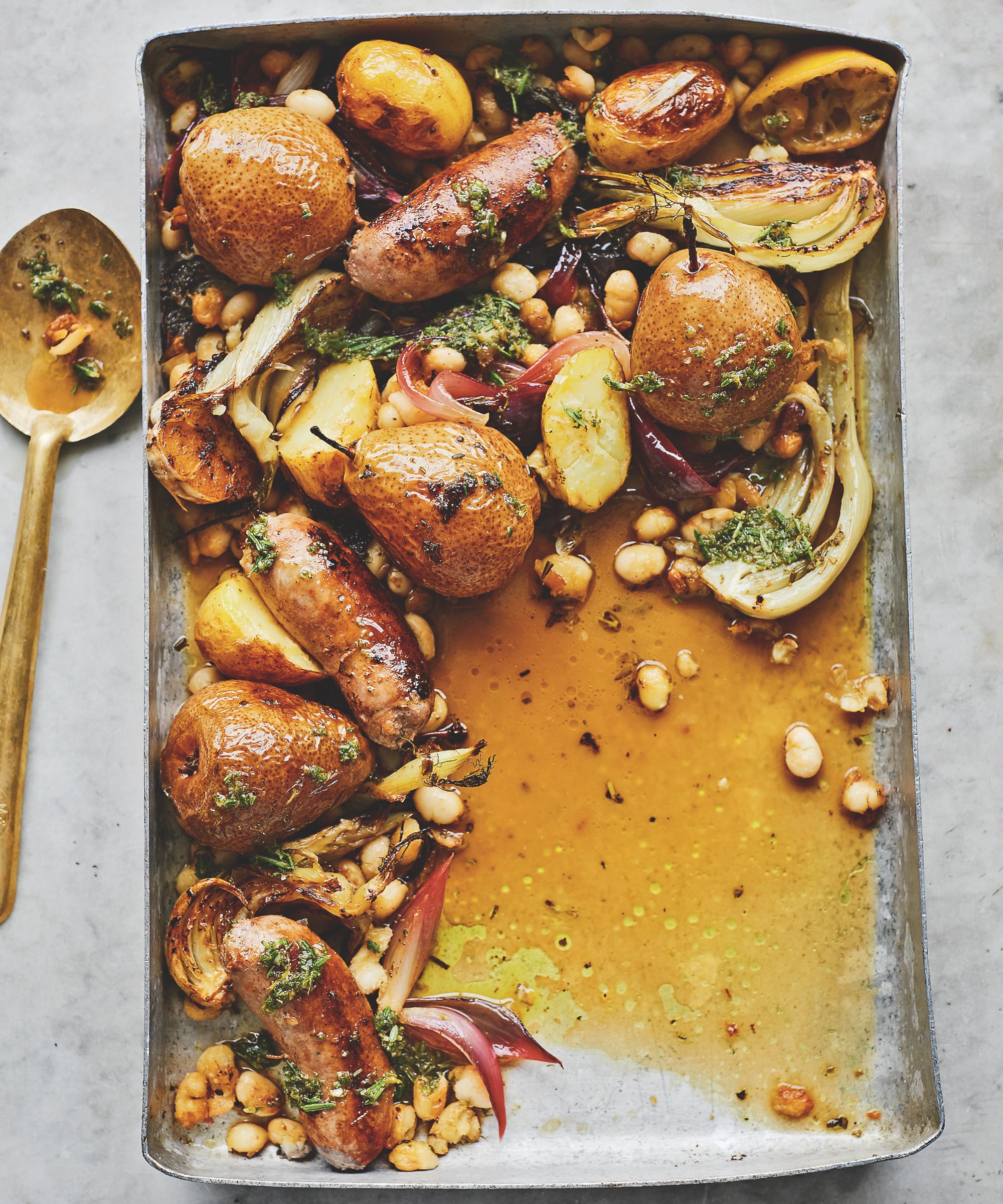 Whole baked pears with Italian sausage