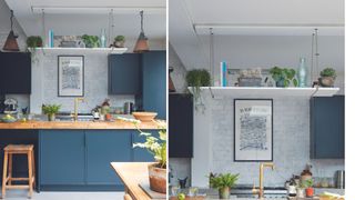 grey kitchen with navy blue base cabinets with a suspended platform for extra storage hung from the ceiling as a clever small kitchen storage idea
