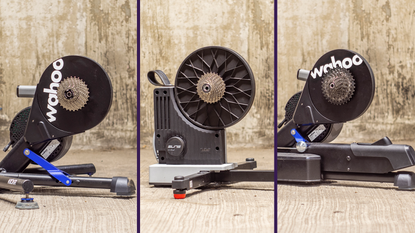 A collage image of the the best smart trainers, featuring the Wahoo Kickr, Elite Justo 2 and the Wahoo Kickr Move standing in an underground car park