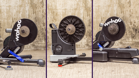 A collage image of the the best smart trainers, featuring the Wahoo Kickr, Elite Justo 2 and the Wahoo Kickr Move standing in an underground car park