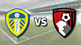 The Leeds United and AFC Bournemouth club badges on top of a photo of Elland Road stadium in Leeds, England