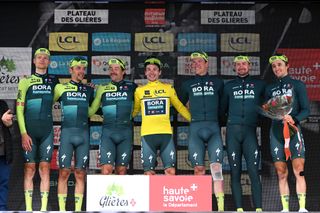  Bora-Hansgrohe including overall winner Primož Roglič celebrate their victory in the Critérium du Dauphiné best teams classification