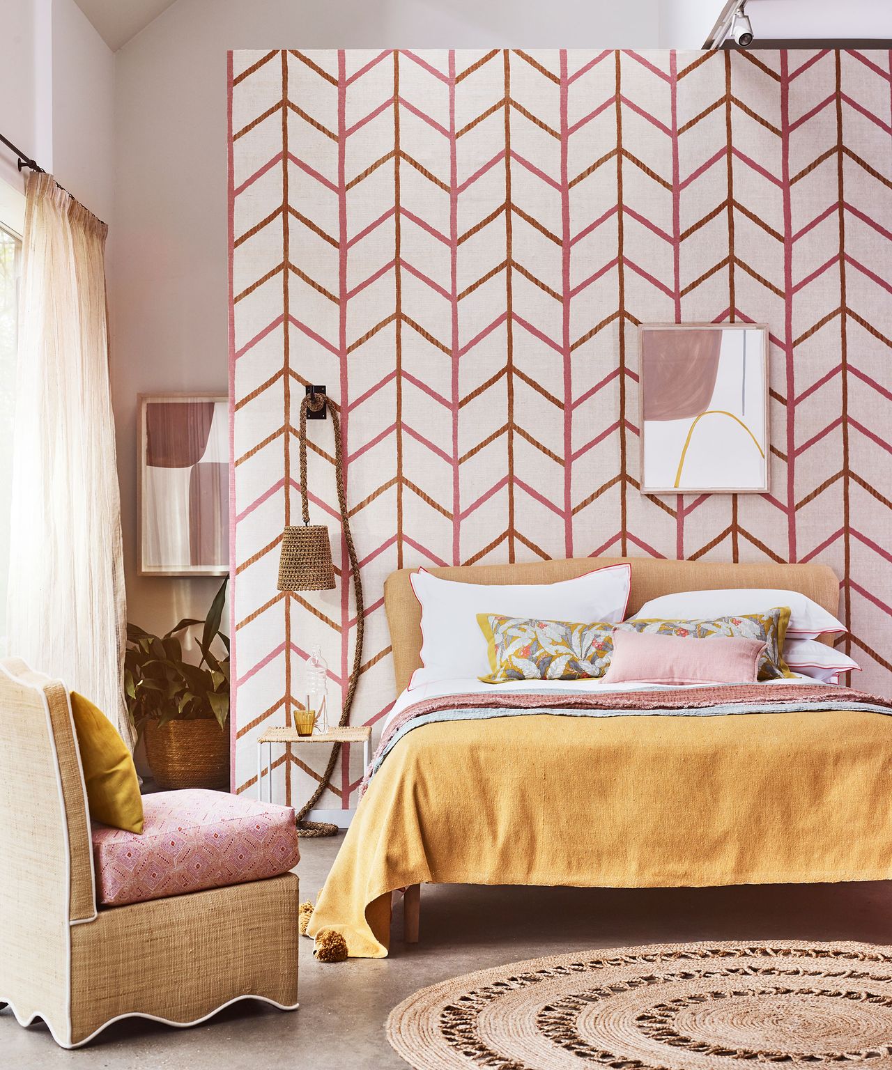 Bohemian bedroom ideas with pink and yellow accents