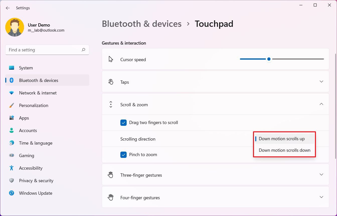 Touchpad change scrolling direction