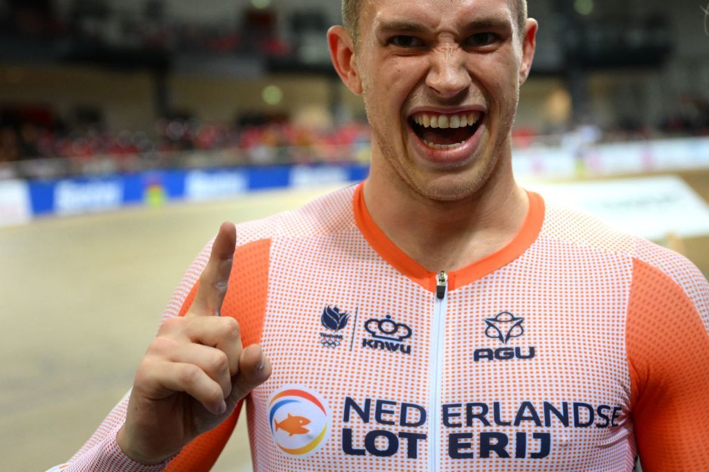 Netherlands Harrie Lavreysen celebrates winning the Mens Keirin finals during the UCI Track Cycling World Championships at the Velodrome of SaintQuentinenYvelines southwest of Paris on October 13 2022 Photo by AnneChristine POUJOULAT AFP Photo by ANNECHRISTINE POUJOULATAFP via Getty Images