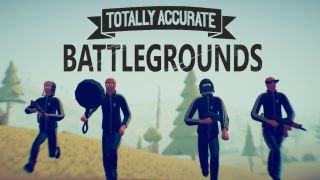 The title screen from Totally Accurate Battlegrounds showing four player characters with guns and a hexagonal melee weapon, running across a field with trees behind them