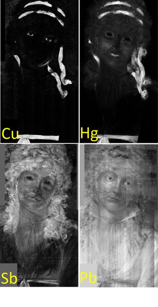 Different elements in each of the pigments show up diffeerently when bombarded with X-rays. cobalt (Co [mislabeled as Cu] - in blue pigments), mercury (Hg - in the pigment vermillion), antimony (Sb - yellow pigmentation) and lead (Pb - used in white pigments) shown in the painting "Pauline in a white dress in front of a summery tree scenery" and suggests that the hair once had ribbons painted into it.