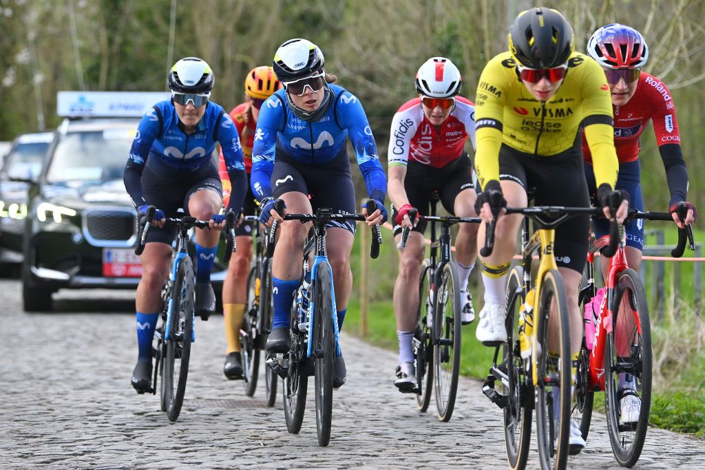 WAREGEM BELGIUM MARCH 27 Sheyla Gutierrez of Spain and Movistar Team competes passing through a Berg Ten Houte cobblestones sector during the 12nd Dwars door Vlaanderen 2024 Womens Elite a 1299km one day race from Waregem to Waregem on March 27 2024 in Waregem Belgium Photo by Luc ClaessenGetty Images