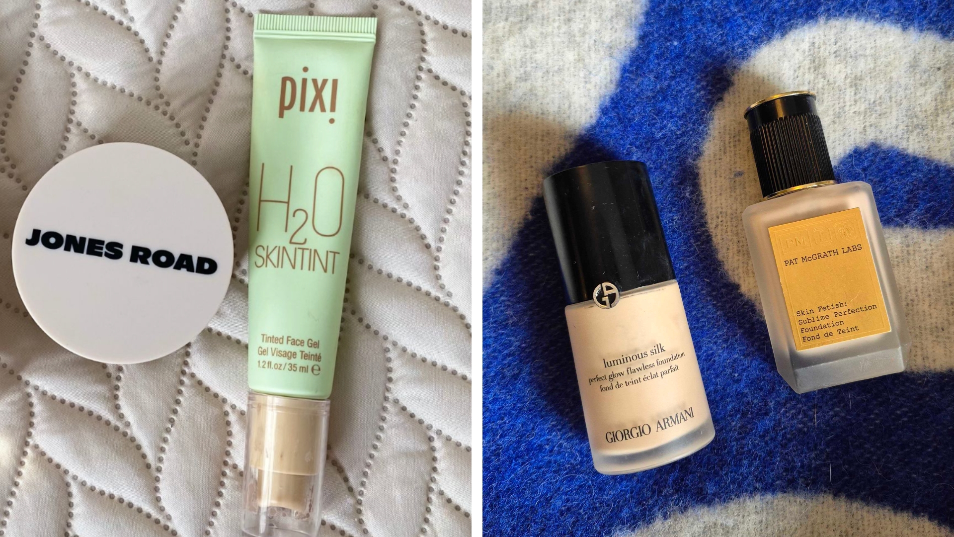 A selection of the best foundations for dry skin as tested by woman&amp;amp;home, including the Jones Road What the Foundations, PIXI H20 Skin Tint, Armani Luminious Silk foundation and Pat McGrath Labs Skin Fetish Sublime Perfection foundation/ all pictured on bedding backgrounds