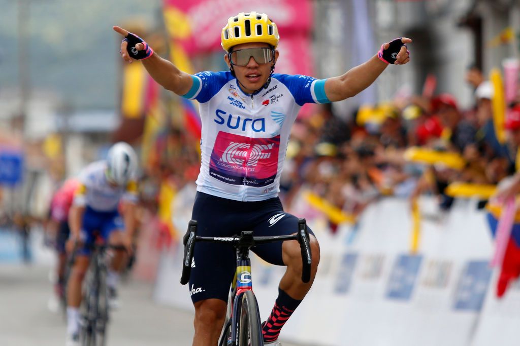 BOYACA COLOMBIA FEBRUARY 14 Arrival Sergio Andres Higuita Garcia of Colombia and Team EF Pro Cycling White Best Young Jersey Celebration Julian Alaphilippe of France and Team Deceuninck Quick Step during the 3rd Tour of Colombia 2020 Stage 4 a 1686km stage from Paipa to Santa Rosa de Viterbo Boyac 2751m TourColombiaUCI TourColombia2020 on February 14 2020 in Boyac Colombia Photo by Maximiliano BlancoGetty Images