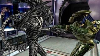 Screenshot from Aliens vs. Predator Classic 2000 showing a Predator and Alien in melee combat.