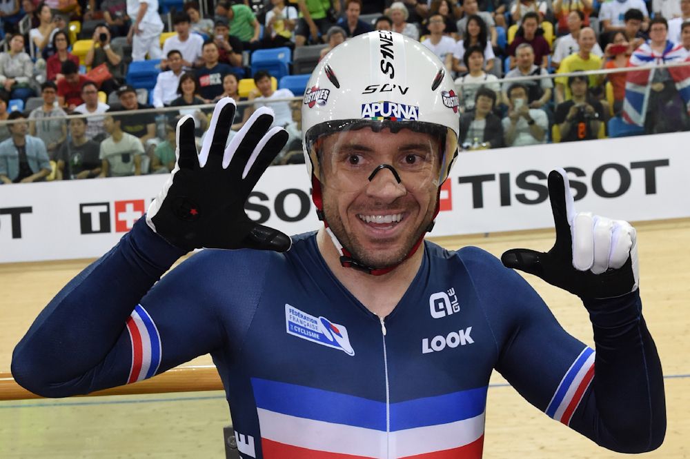 France's Francois Pervis reacts after winning the men's 1km time trial final at the Hong Kong Velodrome during the Track Cycling World Championships