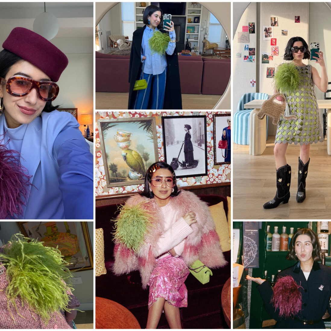 April Lockhart styles various looks with a colorful feather brooch