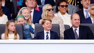 Princess Charlotte of Cambridge, Lena Tindall, Savannah Phillips, Prince George of Cambridge, Zara Tindall and Prince William, Duke of Cambridge attend the Platinum Pageant