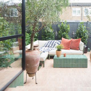 Mediterranean style courtyard with garden sofa and olive tree in terracotta pot