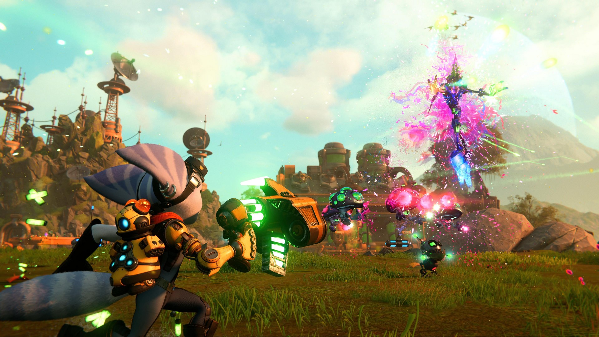 Rivet blasts enemies on a grassy field in Ratchet &amp;amp; Clank: Rift Apart