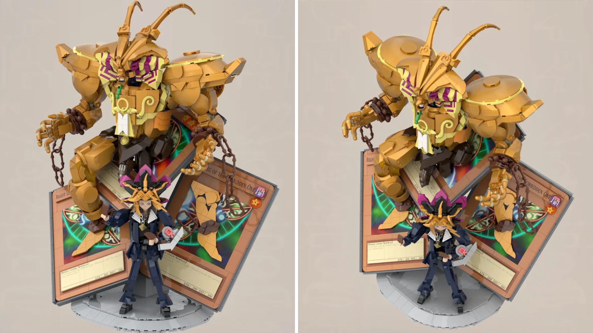 The Lego Yu-Gi-Oh Exodia model, divided by a white line and seen from different angles