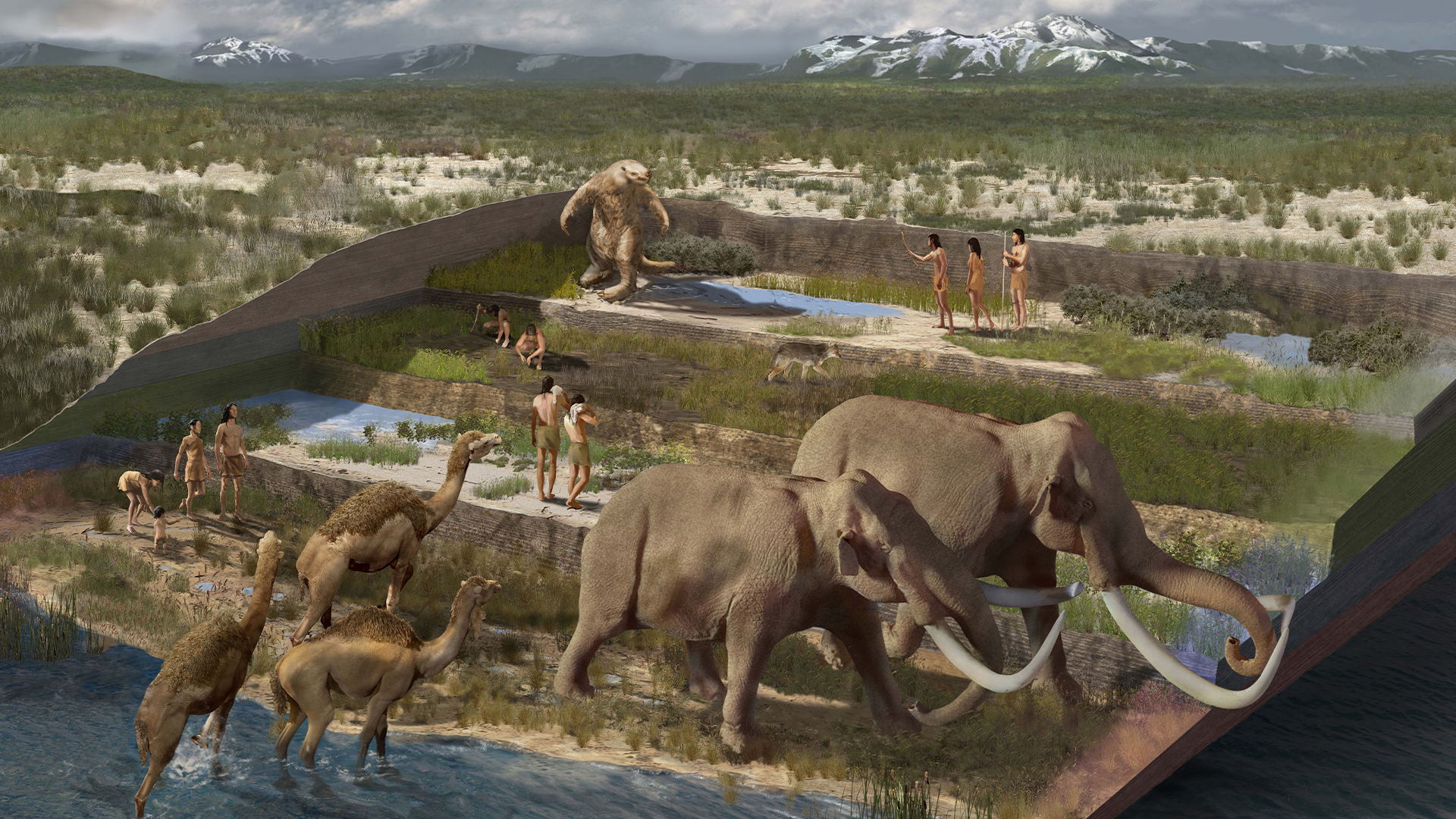 A painting of the Last Glacial Maximum with early human, low trees, green grass, blue springs and large elephants and other animals. Snow-capped mountains rest in the background.