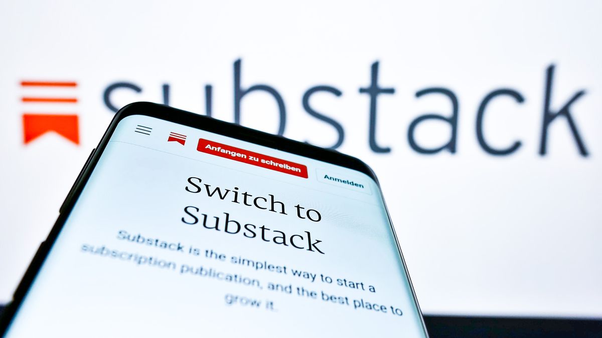 Substack app on a mobile phone with company logo in background