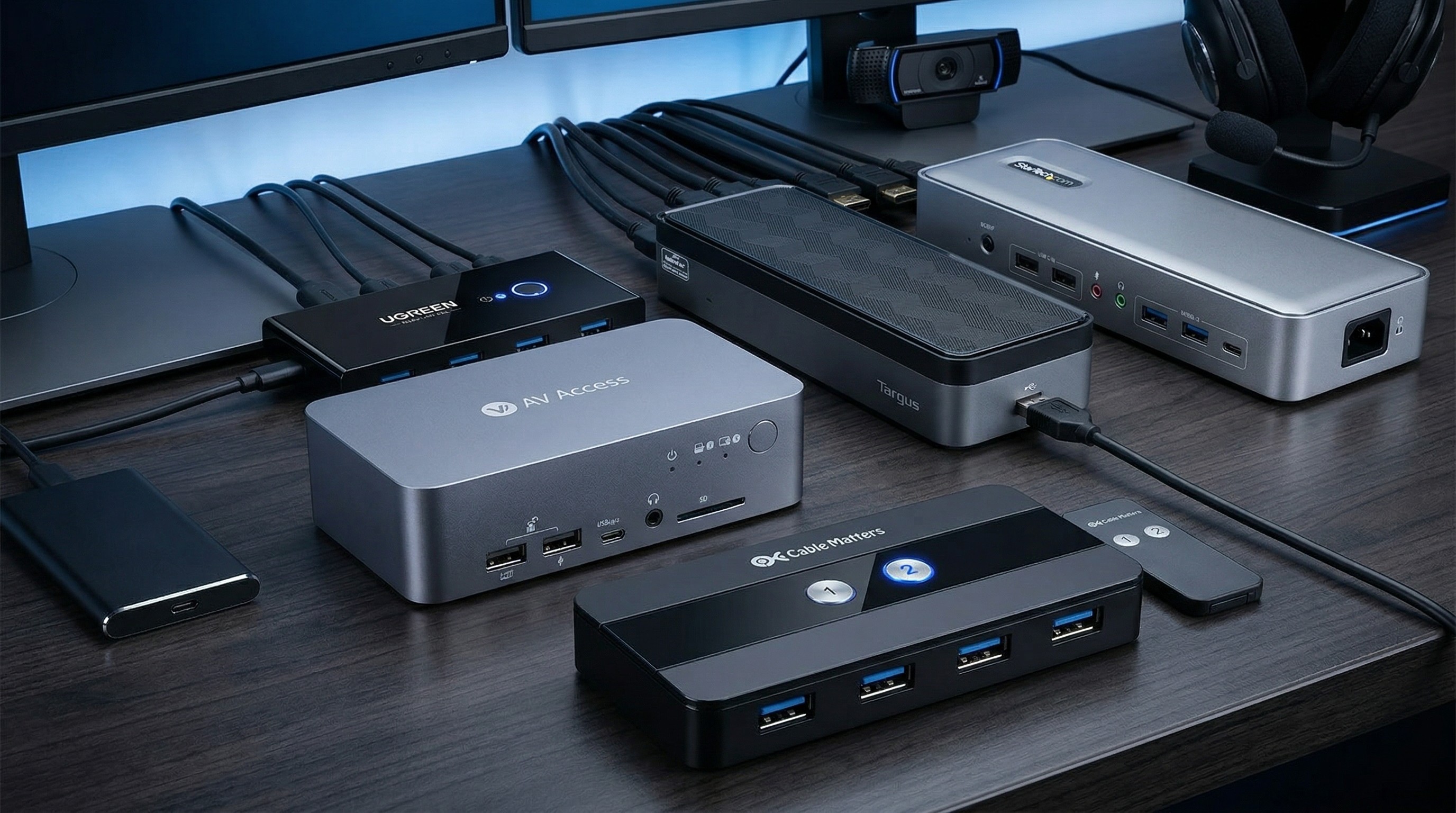 A selection of KVM switches and docking stations on a black desk