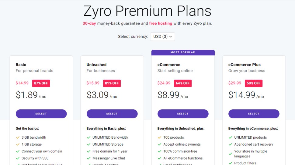 Zyro pricing