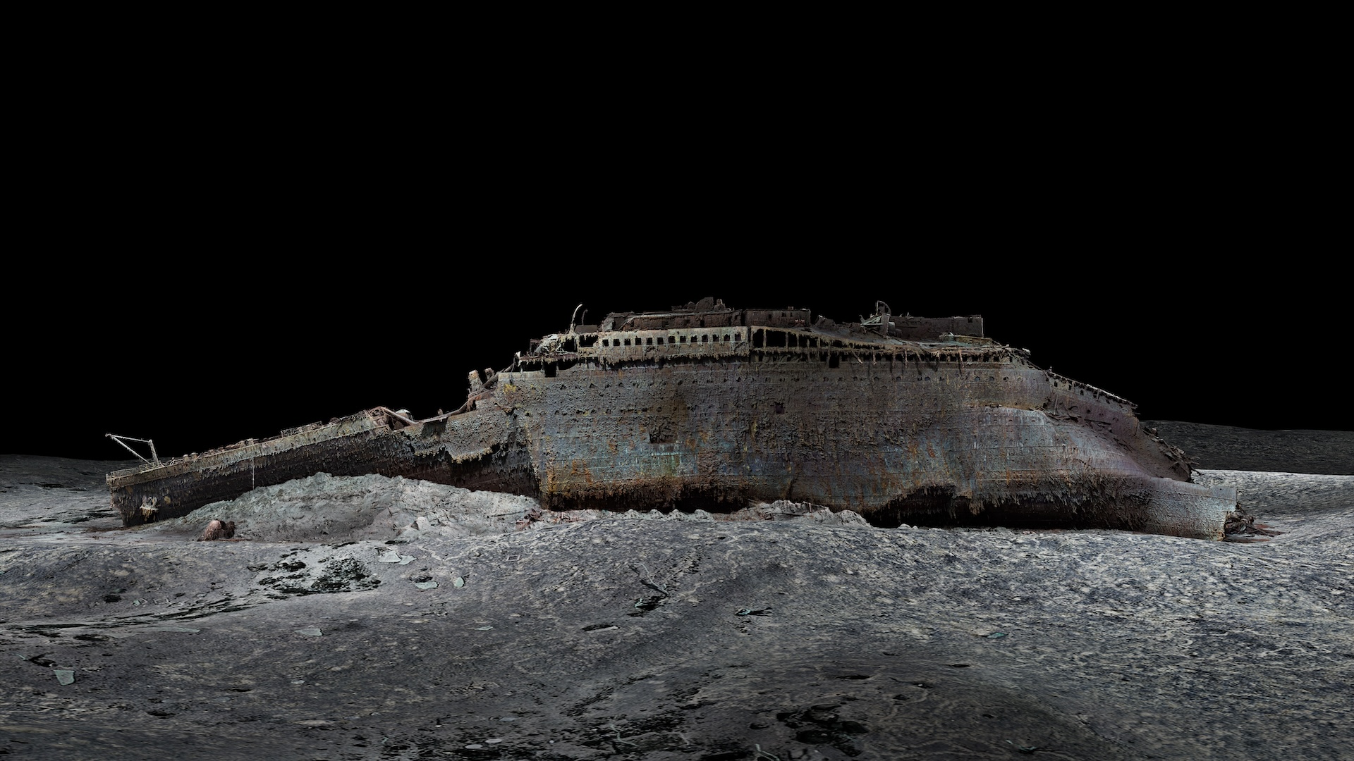 a digital reconstruction of the Titanic shipwreck