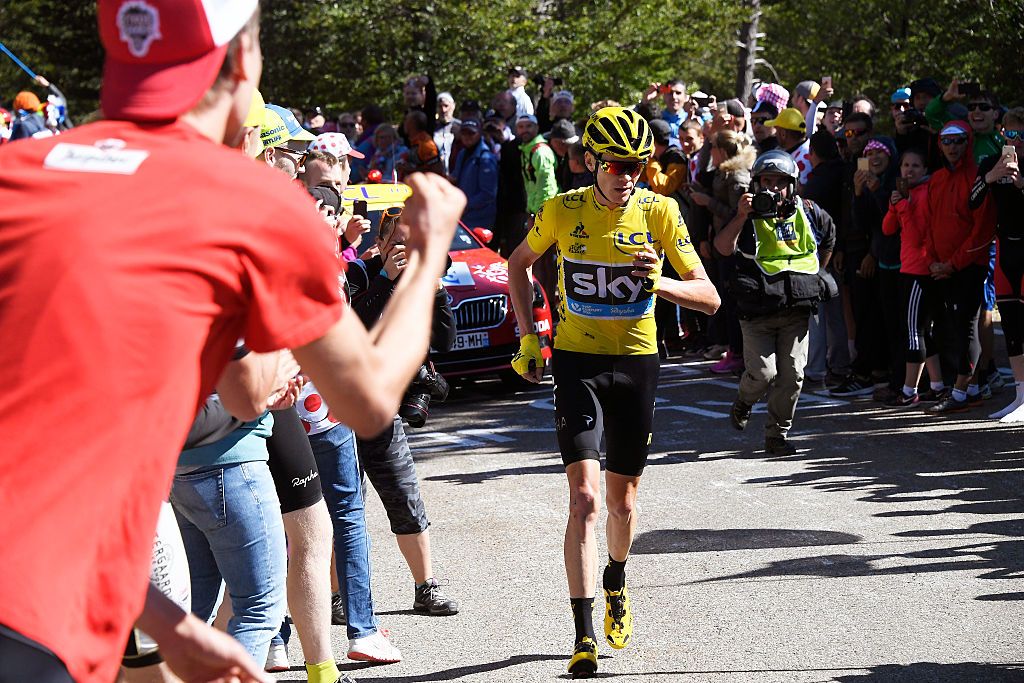 Cycling: 103th Tour de France 2016 / Stage 12
Christopher FROOME (GBR) Yellow Leader Jersey / Mechanical Problem Broken Bike /
Montpellier - Mont Ventoux / Chalet Reynard 1435m (178Km)/ Stage shortened 6km due to heavy winds/
TDF / pool sm&Acirc;&copy; Tim De Waele