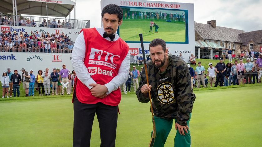 (L to R) Benito Antonio Martínez Ocasio as Oscar Mejias and Adam Sandler as Happy Gilmore in Happy Gilmore 2.