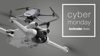Two DJI drones flying next to a Cyber Monday logo