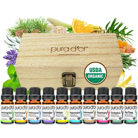 Pura D'or Perfect10 Organic Essential Oil Wood Box Set 10ml X 10