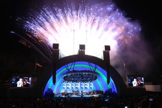 Fireworks over the white bandshell at the Hollywood Bowl