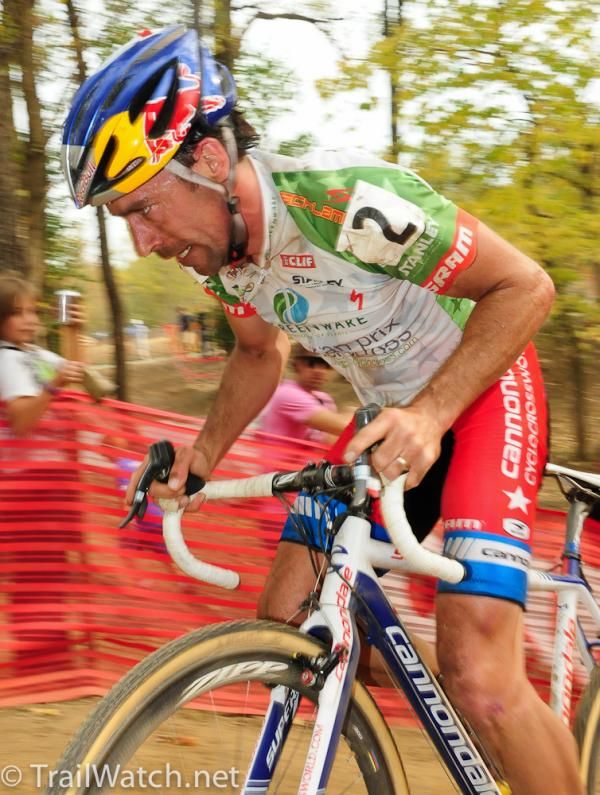 Tim Johnson (Cannondale-cyclocrossworld.com) riding in third place on a very steep climb.